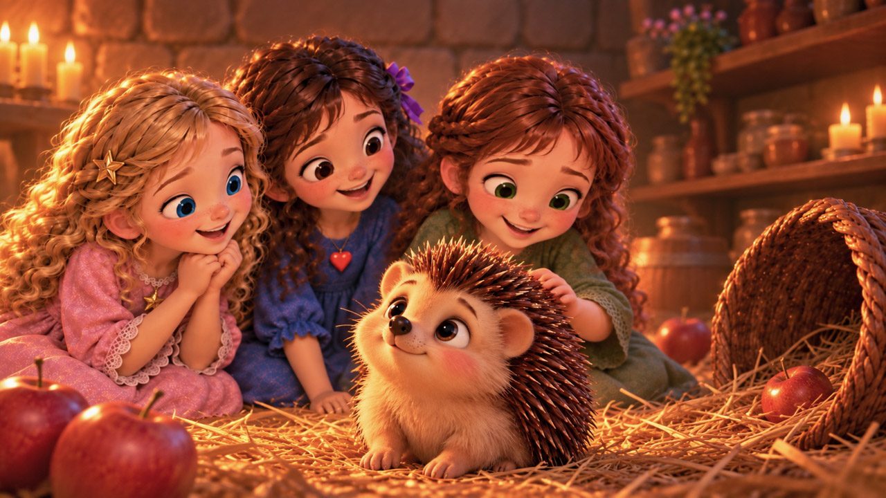 Linda, April and Lavinia stroking Spino, the little hedgehog, by candlelight